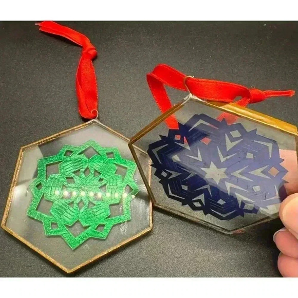 2 Vintage Glass Christmas Ornaments Hexagon shaped foil snowflake copper edge - Picture 9 of 9